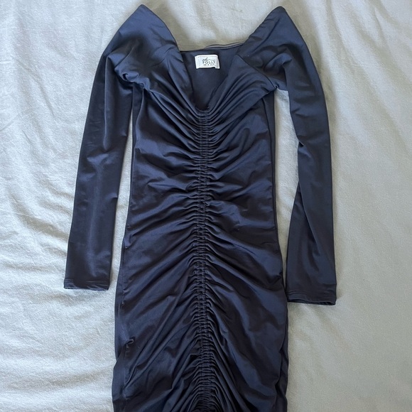 Oh Polly Get Down Tonight Ruche Bardot Mini Dress in Midnight Blue, Size 0. - Picture 5 of 6